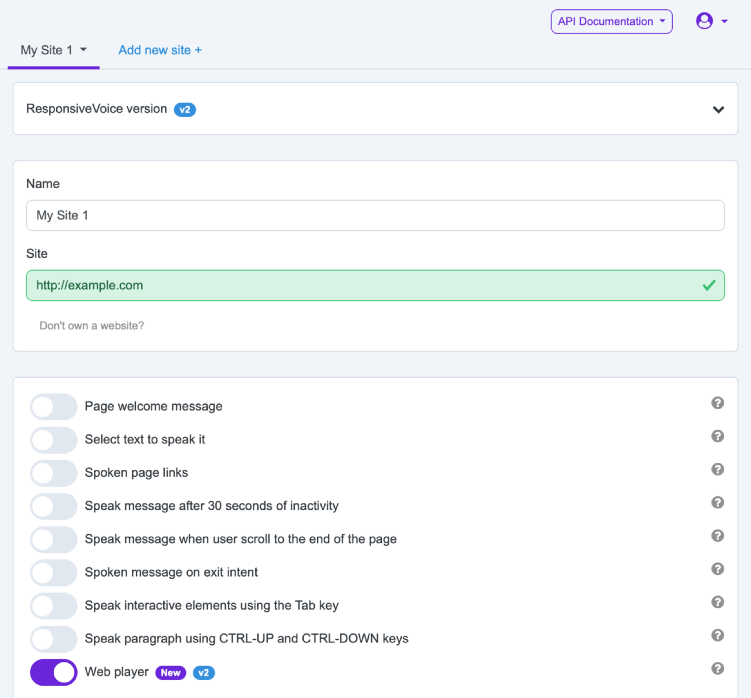 The ResponsiveVoice app's website configuration page: site details at the top and the full list of voice-feature toggles below.