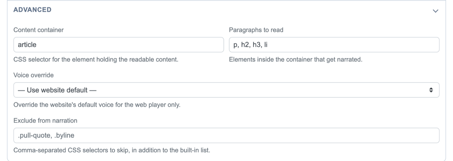The Advanced section of the app's Web Player panel: Content container, Paragraphs to read, Voice override, and Exclude from narration.