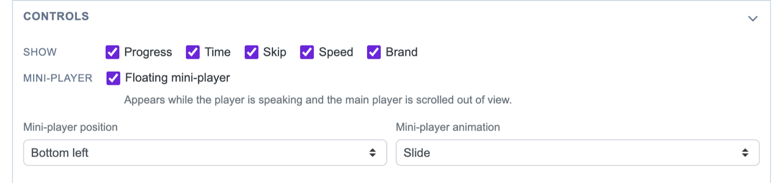 The Controls section of the app's Web Player panel: show/hide checkboxes for each control, plus the floating mini-player options.