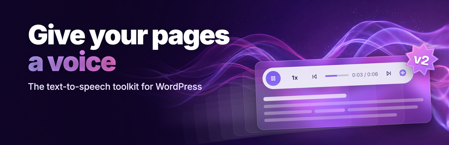 ResponsiveVoice for WordPress — "Give your pages a voice", the text-to-speech toolkit for WordPress, showing the WebPlayer control and a v2 badge on a purple gradient.