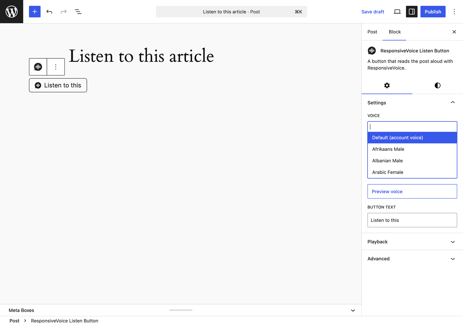 The Listen Button block in the Gutenberg editor: the block settings sidebar shows a voice picker with a Default (account voice) option, a Preview voice button, and a Button text field.