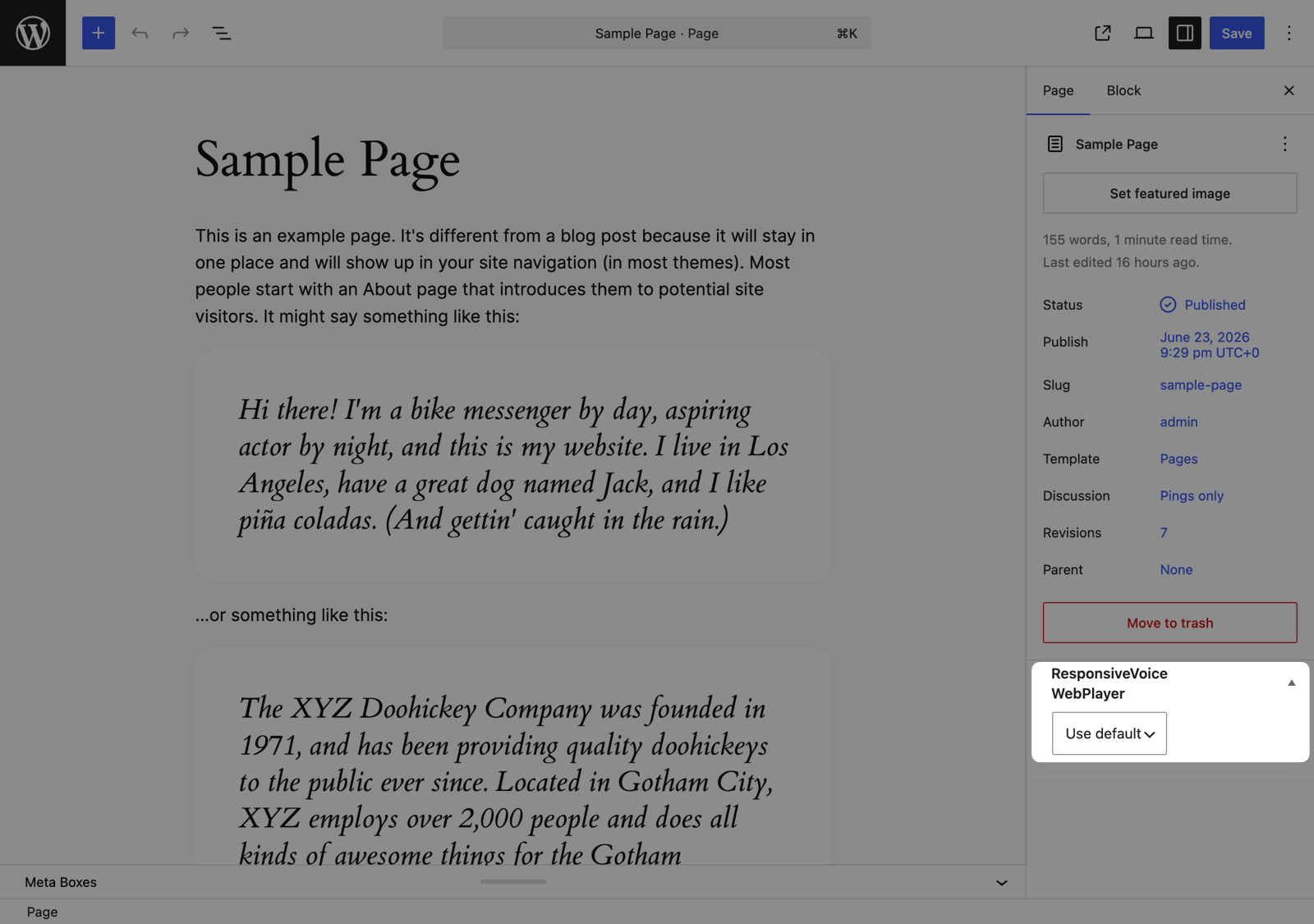 The WordPress page editor sidebar with a ResponsiveVoice WebPlayer panel offering a per-page override dropdown set to Use default.