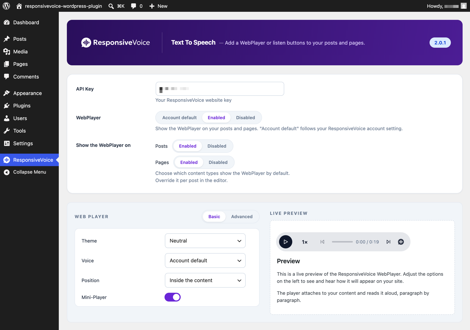 The ResponsiveVoice settings page in wp-admin: API key, WebPlayer switches, per-content-type toggles, and the customizer with a live preview of the player.