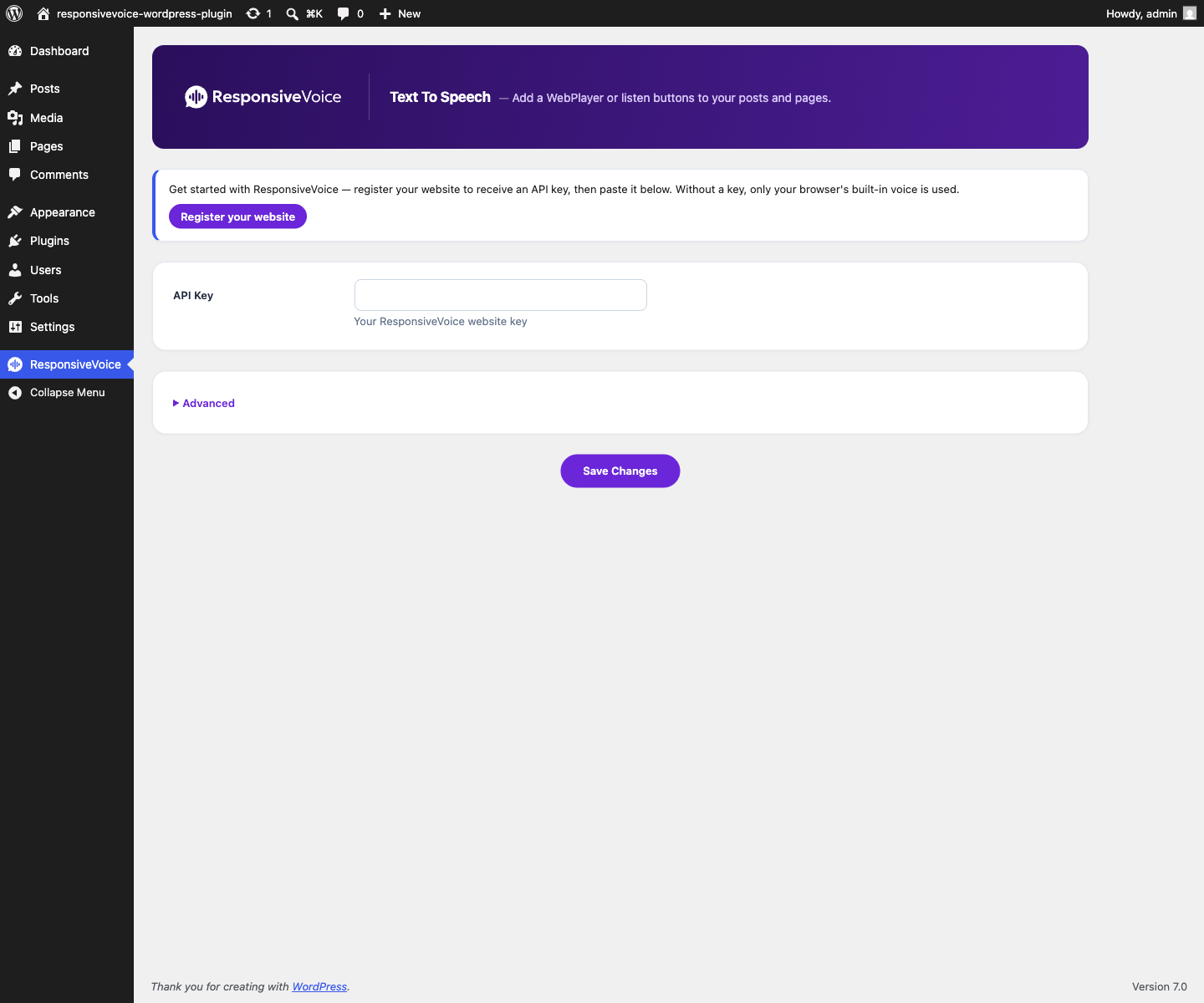The ResponsiveVoice settings page without an API key: a "Get started" prompt with a Register your website button above the empty API Key field.