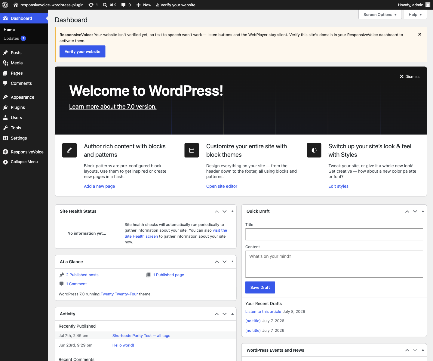 The WordPress dashboard with a ResponsiveVoice warning notice and admin-bar badge prompting to verify the website's domain.