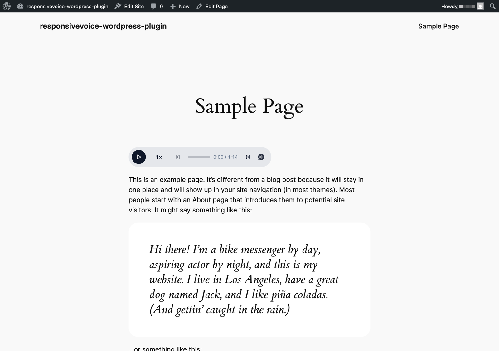 A WordPress page on the front end with the WebPlayer pill control sitting above the content, ready to read the page aloud.